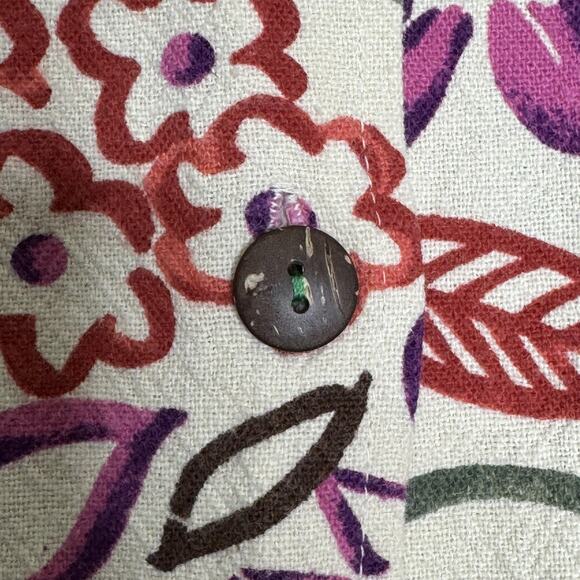 Hot Cotton Shirt Womens Large Cream Multicolor Floral Button Front Short Sleeve - Picture 7 of 11